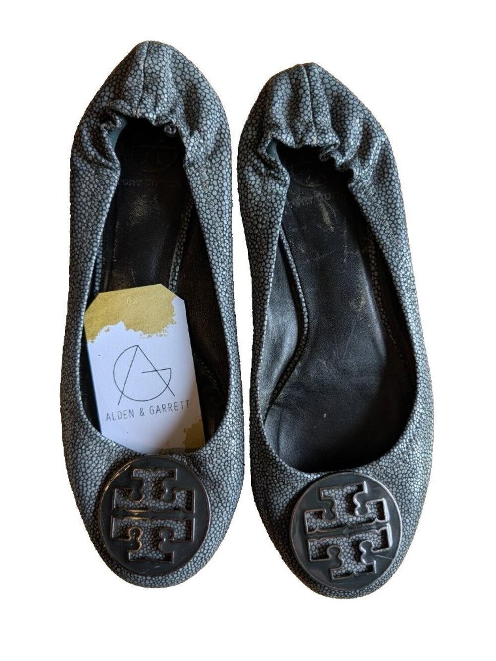 Tory Burch Reva Gray Stingray Leather Ballet Flats W/ Logo at Toe, Size 9